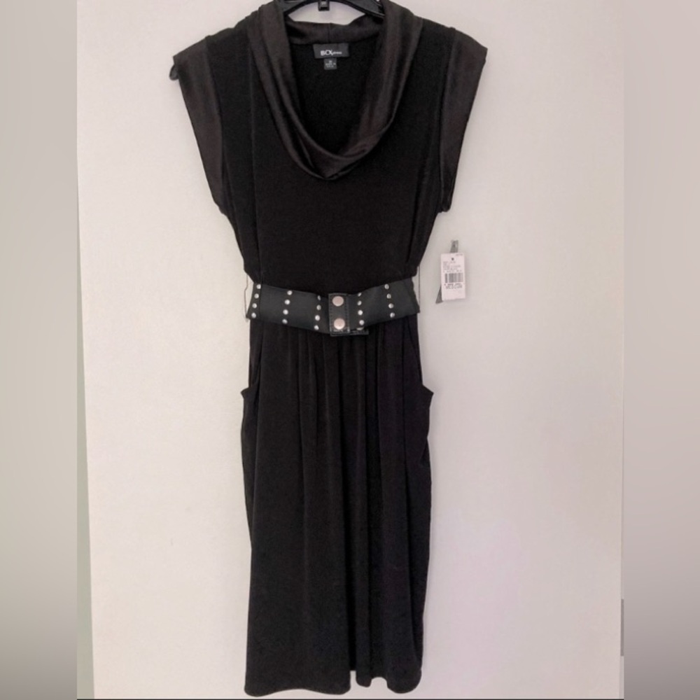 NWT black dress, satin trim, with pockets